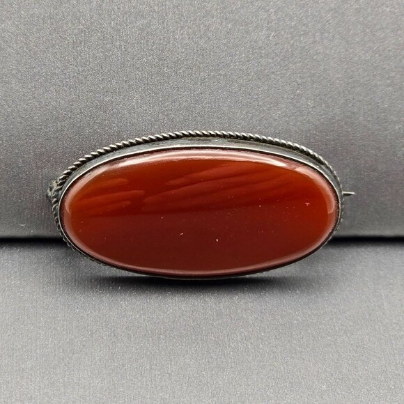 Estate Jewelry - VTG Sterling Silver Carnelian Pin Brooch 1.25" Oval Rope Detail Minimalist